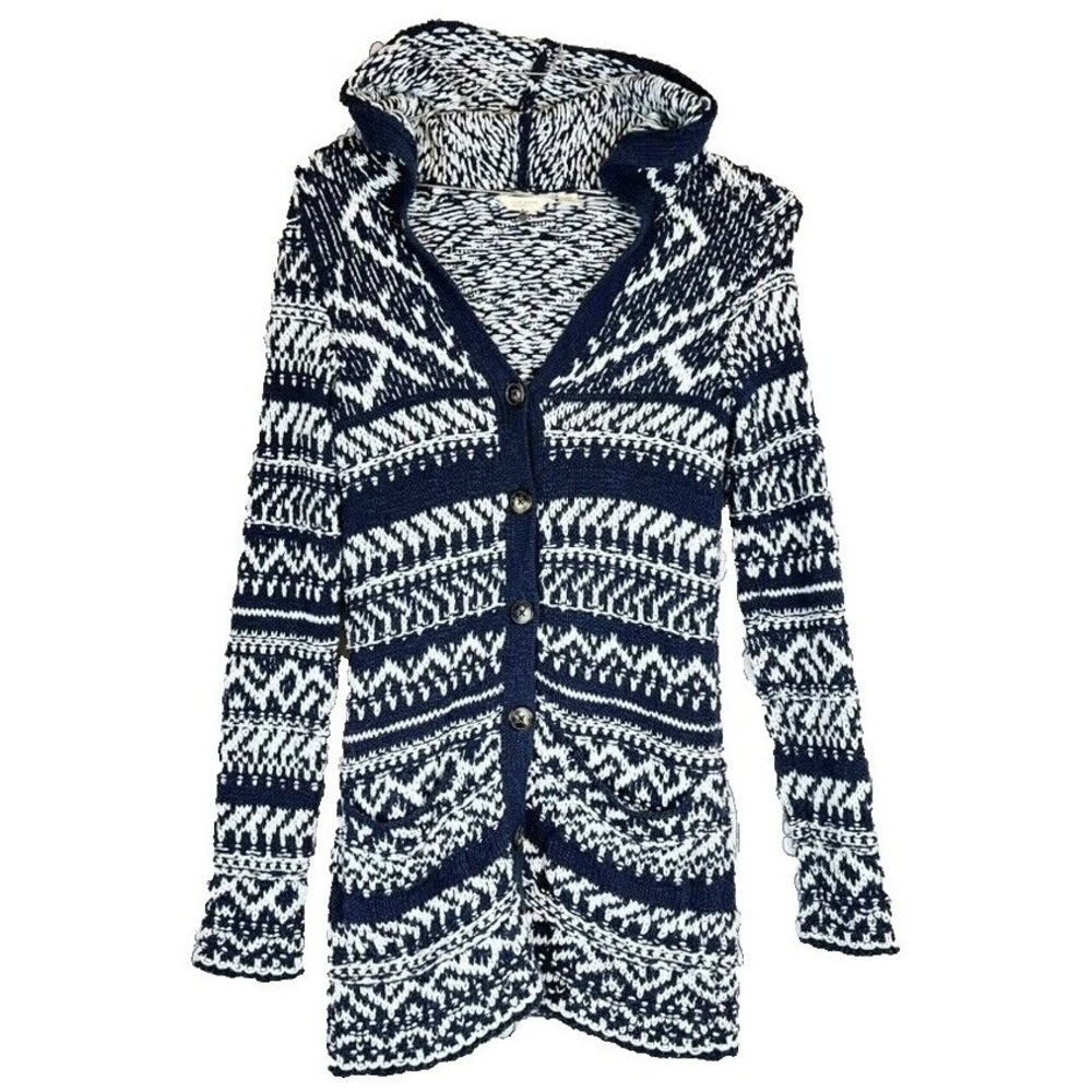 Lucky Brand Women's Hooded Cardigan Navy White Button Up Sweater Cotton Blend XS
